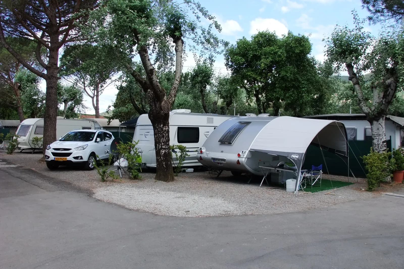 Camper vans and caravans on a shaded pitch
